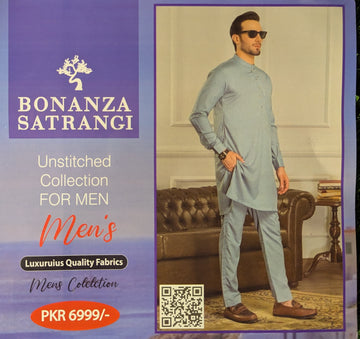 Advertisement for Bonanza Satrangi men's un Stitched Collection with a man in a gray outfit.Bonanza Satrangi Unstitched, Bonanza Satrangi Men's Fabric, Bonanza Satrangi Gents SuitMen's Wash & Wear Fabric, Unstitched Shalwar Kameez, Gents Wash n Wear Suit, Premium Wash and Wear FabricWrinkle-Free Fabric, Easy Care Fabric, Low Maintenance SuitShalwar Kameez Fabric Price, Wash n Wear Price in Pakistan, Gents Unstitched Suit PK