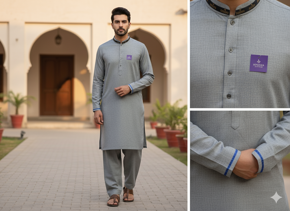 Man wearing a gray kurta with a purple logo outdoors, with close-up details of the shirt.n a gray outfit.Bonanza Satrangi Unstitched, Bonanza Satrangi Men's Fabric, Bonanza Satrangi Gents SuitMen's Wash & Wear Fabric, Unstitched Shalwar Kameez, Gents Wash n Wear Suit, Premium Wash and Wear FabricWrinkle-Free Fabric, Easy Care Fabric, Low Maintenance SuitShalwar Kameez Fabric Price, Wash n Wear Price in Pakistan, Gents Unstitched Suit PK