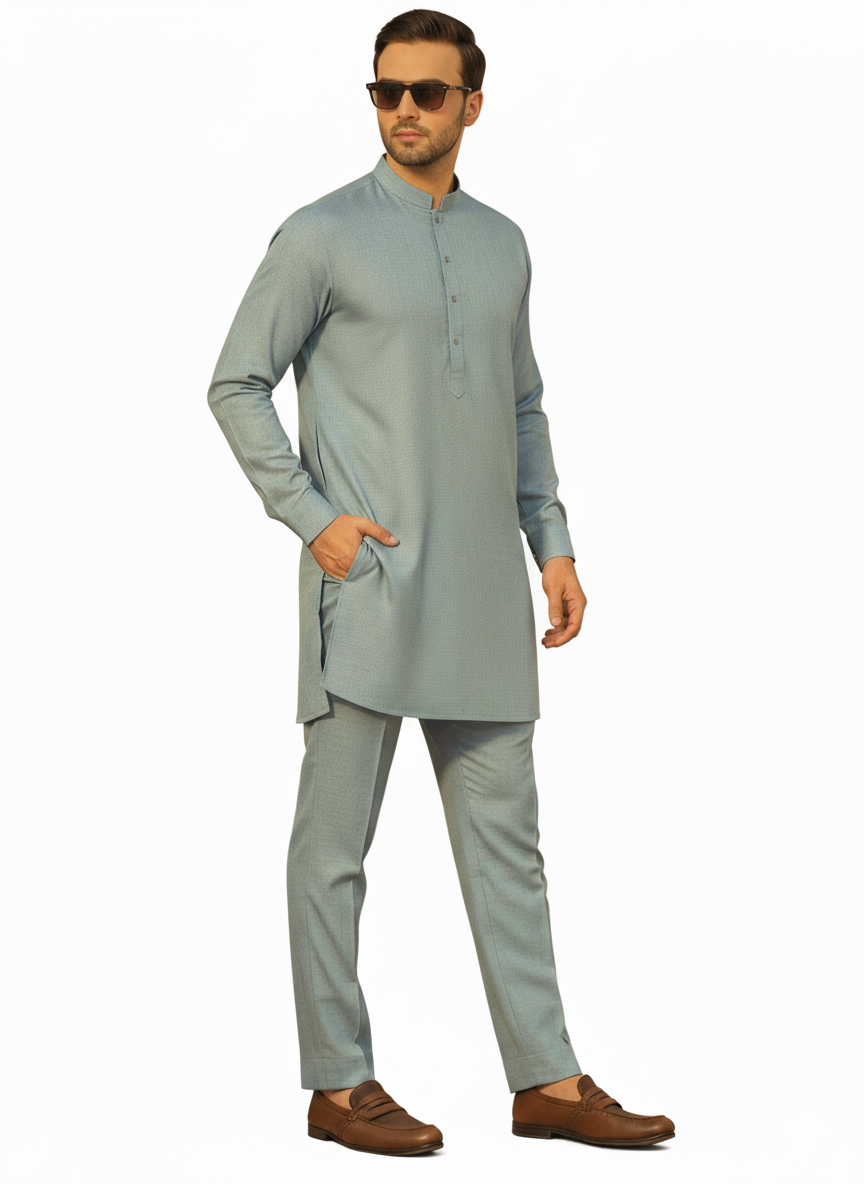 Man wearing a light gray kurta with pants on a white backgroundn a gray outfit.Bonanza Satrangi Unstitched, Bonanza Satrangi Men's Fabric, Bonanza Satrangi Gents SuitMen's Wash & Wear Fabric, Unstitched Shalwar Kameez, Gents Wash n Wear Suit, Premium Wash and Wear FabricWrinkle-Free Fabric, Easy Care Fabric, Low Maintenance SuitShalwar Kameez Fabric Price, Wash n Wear Price in Pakistan, Gents Unstitched Suit PK