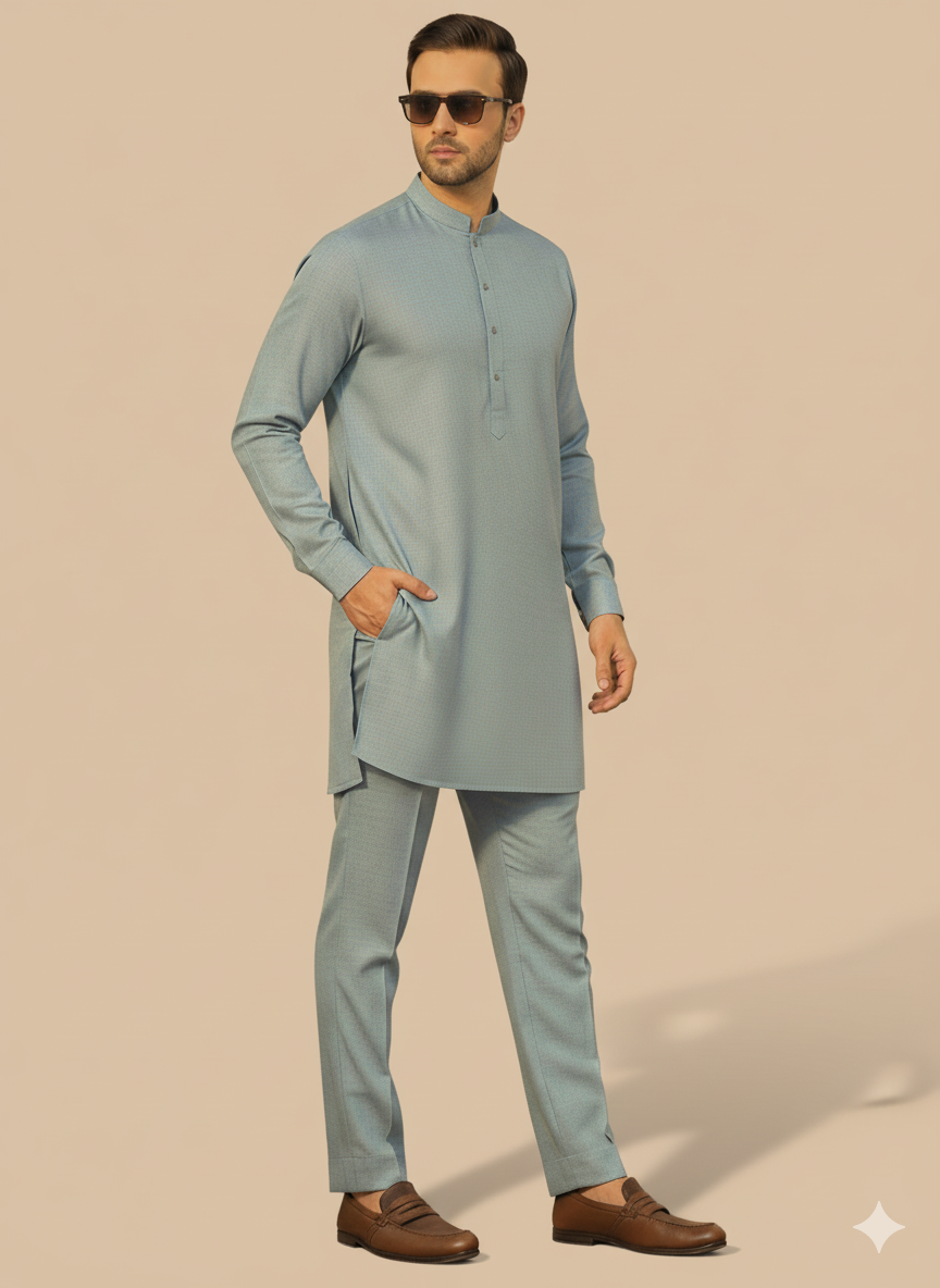 Man wearing a light blue kurta with pants on a beige backgroundn a gray outfit.Bonanza Satrangi Unstitched, Bonanza Satrangi Men's Fabric, Bonanza Satrangi Gents SuitMen's Wash & Wear Fabric, Unstitched Shalwar Kameez, Gents Wash n Wear Suit, Premium Wash and Wear FabricWrinkle-Free Fabric, Easy Care Fabric, Low Maintenance SuitShalwar Kameez Fabric Price, Wash n Wear Price in Pakistan, Gents Unstitched Suit PK