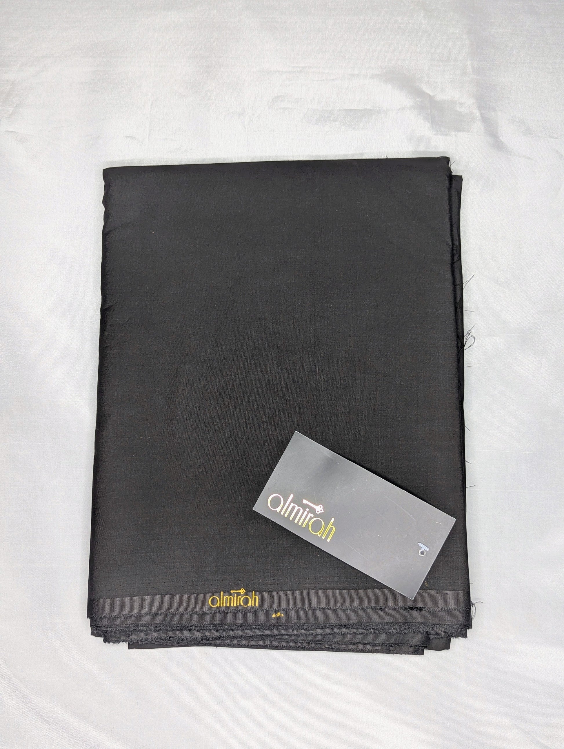Black fabric with a brand label on a white backgroundAlmira Fabric, Almira Wash and Wear, Unstitched Fabric, Plain Fabric, Wash and Wear Material, Summer Fabric, Formal Fabric, Casual Wear Fabric, Mens Fabric, Gents Wash and Wear, Plain Wash & Wear, Soft Fabric, Comfortable Fabric, Durable Cloth, Wrinkle-Free Fabric, Easy Care Fabric, Fine Quality Cloth, Unstitched Plain Suit, Solid Color Fabric, Polyester Viscose Blend, Smooth Finish Fabric, Shalwar Kameez Fabric, Kameez Shalwar Material, Kurta Fabric, Tro