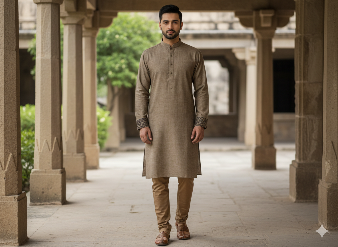 Man wearing a beige kurta and pants standing in an architectural setting with columns and greenery.n a gray outfit.Bonanza Satrangi Unstitched, Bonanza Satrangi Men's Fabric, Bonanza Satrangi Gents SuitMen's Wash & Wear Fabric, Unstitched Shalwar Kameez, Gents Wash n Wear Suit, Premium Wash and Wear FabricWrinkle-Free Fabric, Easy Care Fabric, Low Maintenance SuitShalwar Kameez Fabric Price, Wash n Wear Price in Pakistan, Gents Unstitched Suit PK
