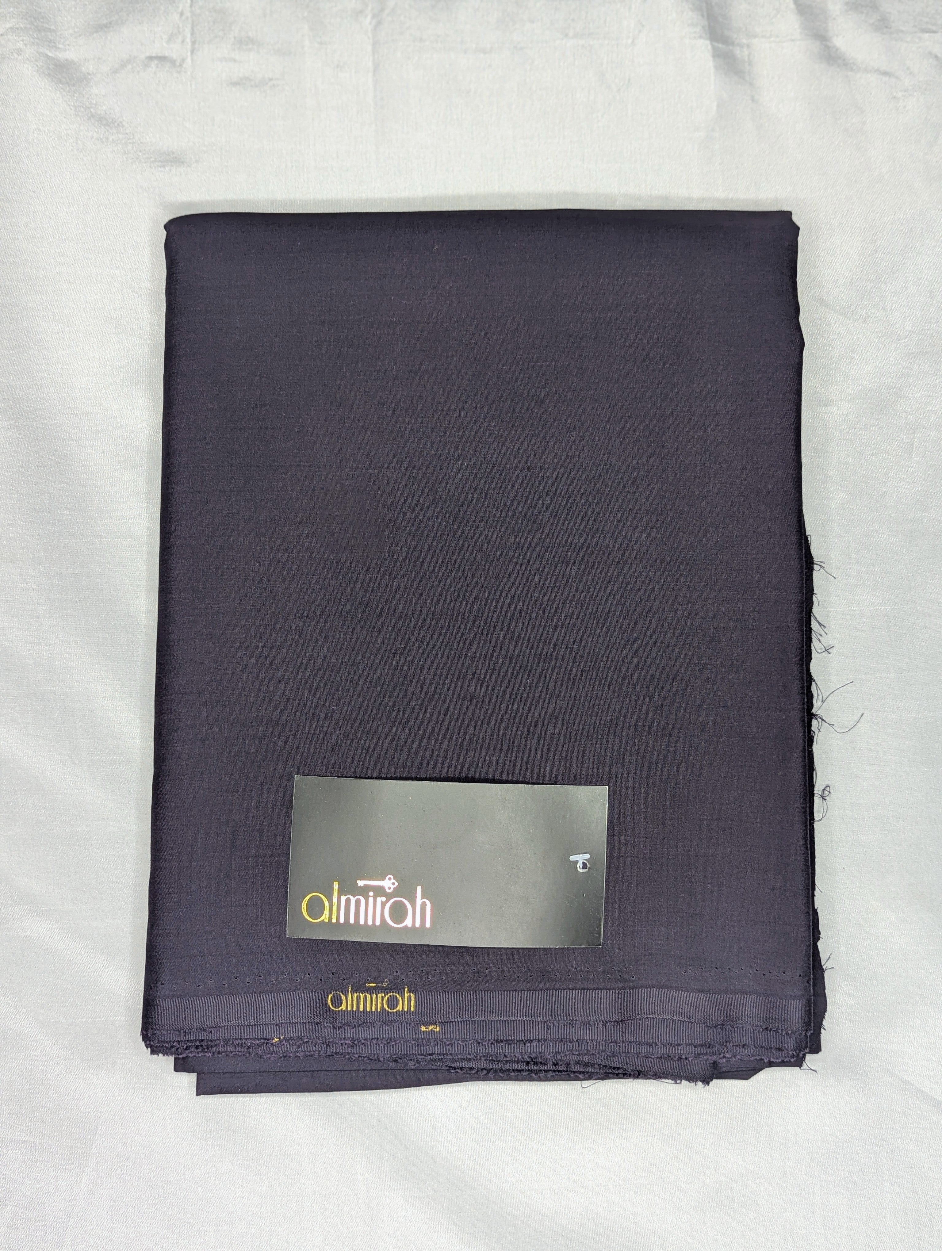 Folded dark fabric with a visible brand label on a white backgroundAlmira Fabric, Almira Wash and Wear, Unstitched Fabric, Plain Fabric, Wash and Wear Material, Summer Fabric, Formal Fabric, Casual Wear Fabric, Mens Fabric, Gents Wash and Wear, Plain Wash & Wear, Soft Fabric, Comfortable Fabric, Durable Cloth, Wrinkle-Free Fabric, Easy Care Fabric, Fine Quality Cloth, Unstitched Plain Suit, Solid Color Fabric, Polyester Viscose Blend, Smooth Finish Fabric, Shalwar Kameez Fabric, Kameez Shalwar Material, Kur